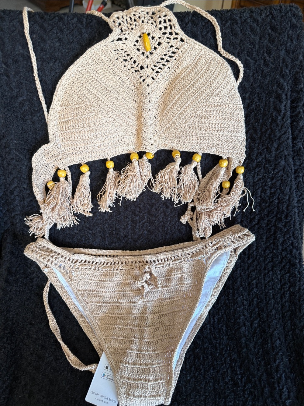 Cupshe Beige Crochet Tassel Bikini with Yellow Beads
